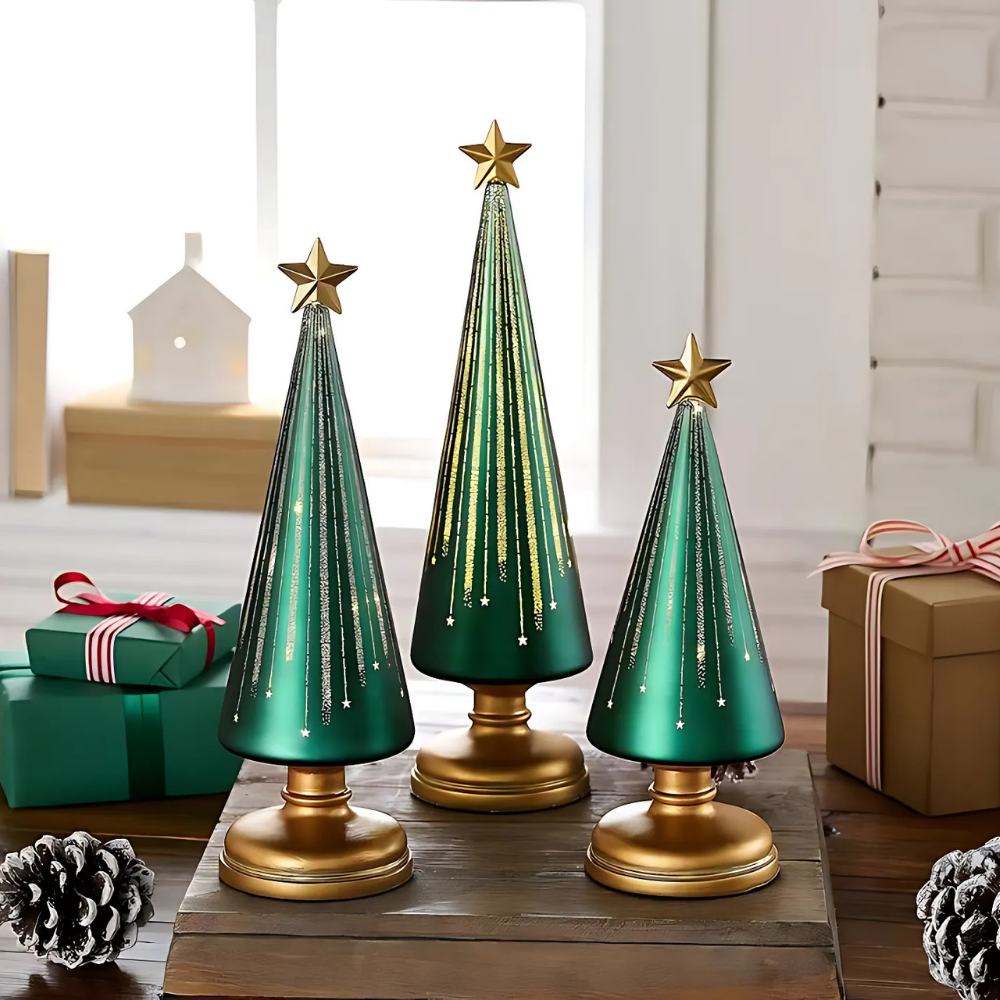 Glas-Weihnachtsbäume mit funkelnder LED-Beleuchtung