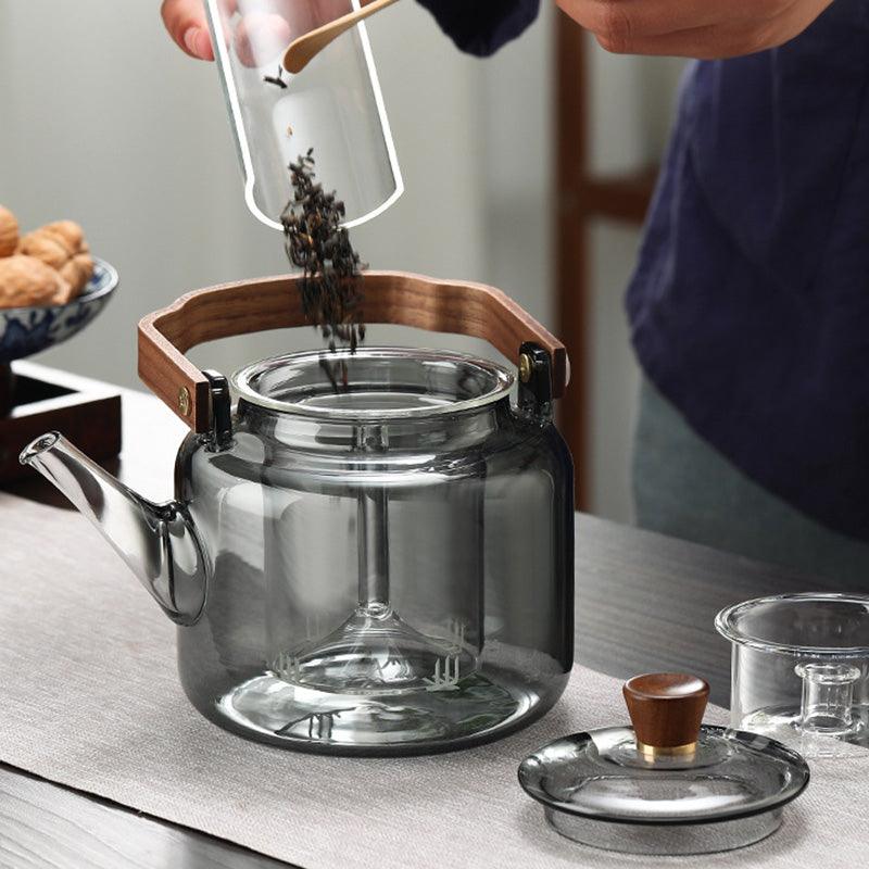 Glas-Teekanne mit Holzdeckel und Sieb – 1,2 Liter, Rauchglas und Holz für ein elegantes Tee-Erlebnis