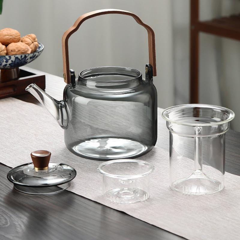 Glas-Teekanne mit Holzdeckel und Sieb – 1,2 Liter, Rauchglas und Holz für ein elegantes Tee-Erlebnis