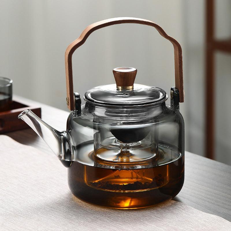 Glas-Teekanne mit Holzdeckel und Sieb – 1,2 Liter, Rauchglas und Holz für ein elegantes Tee-Erlebnis