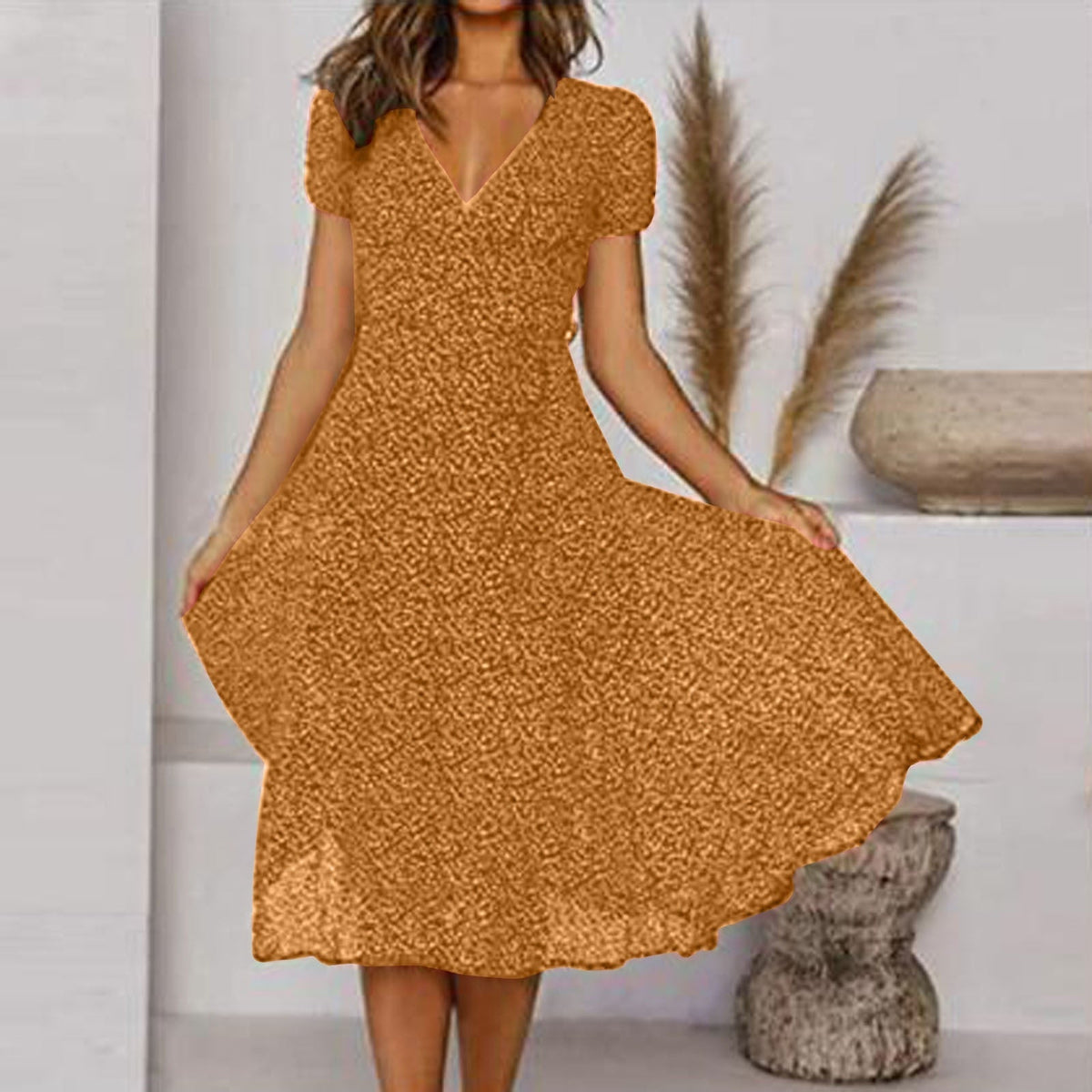 Damen Midi-A-Linien-Kleid mit V-Ausschnitt und Blumenmuster