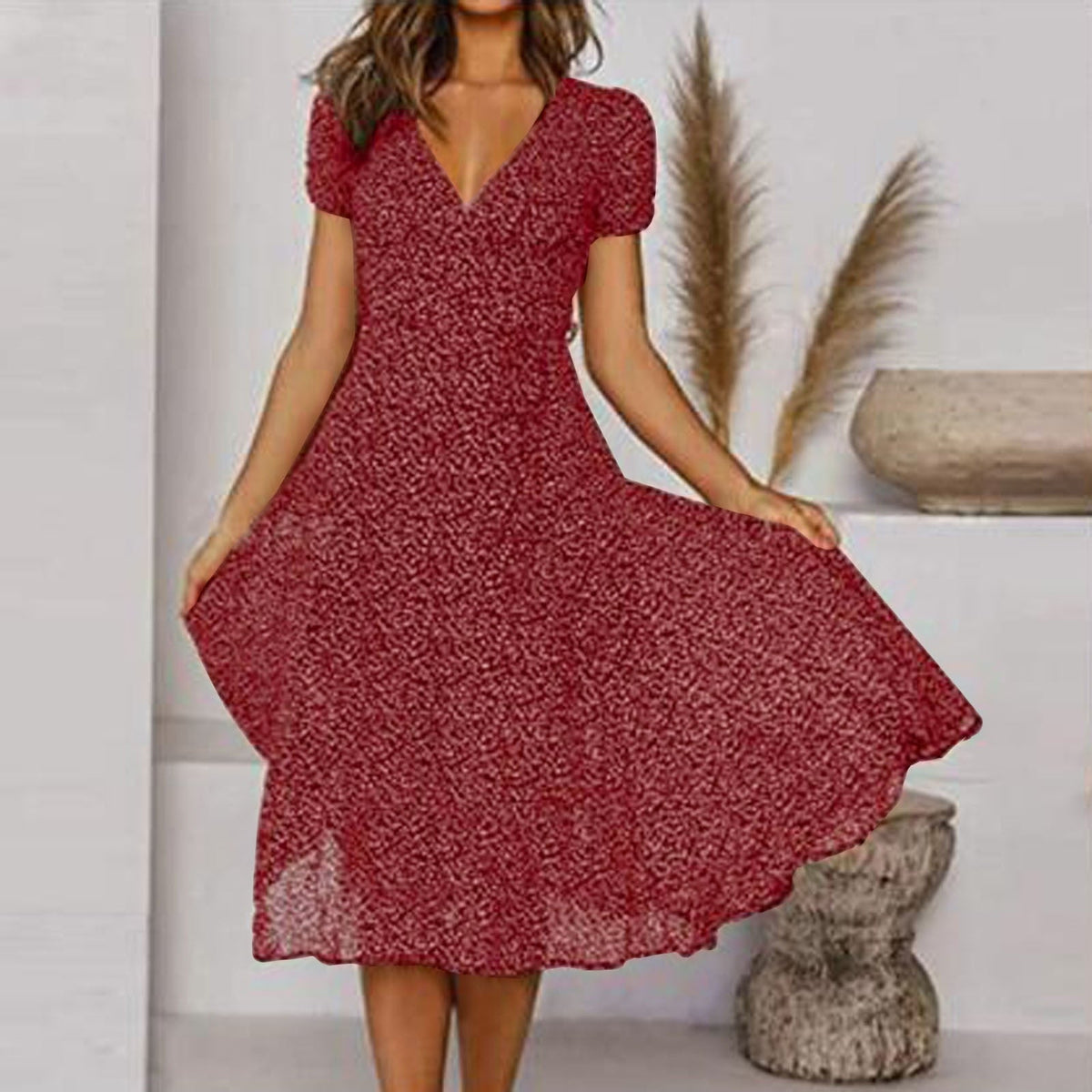 Damen Midi-A-Linien-Kleid mit V-Ausschnitt und Blumenmuster