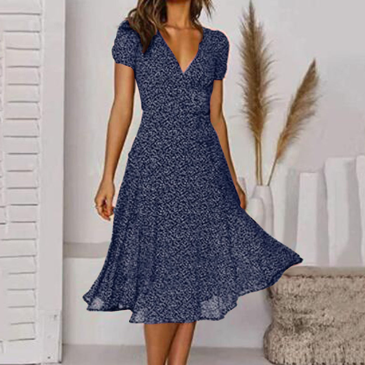 Damen Midi-A-Linien-Kleid mit V-Ausschnitt und Blumenmuster