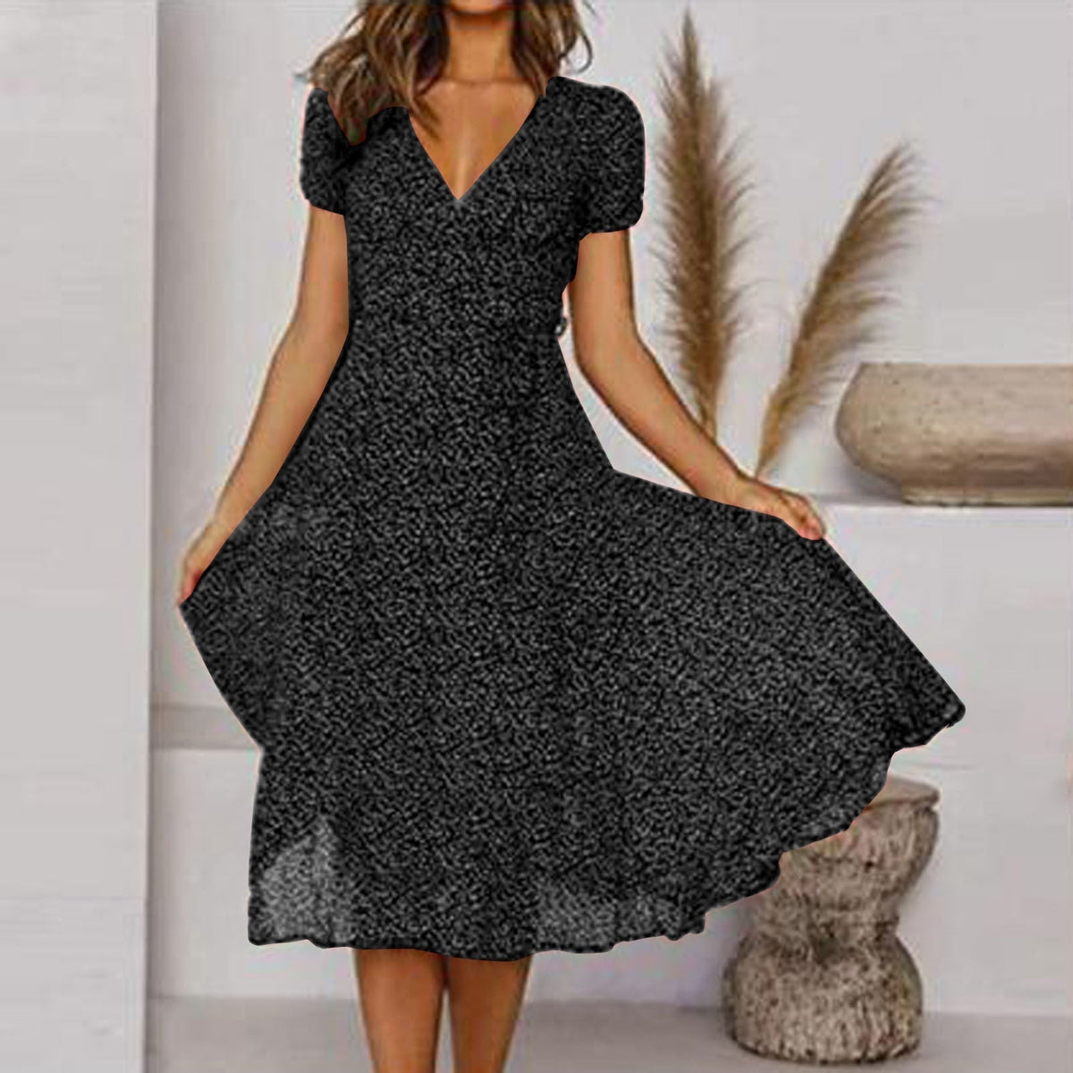 Damen Midi-A-Linien-Kleid mit V-Ausschnitt und Blumenmuster