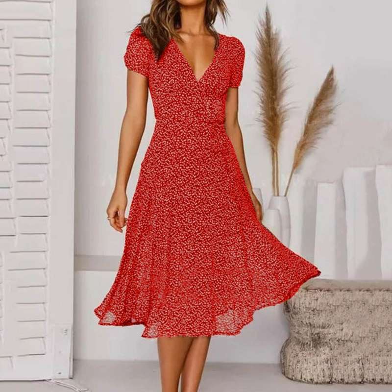 Damen Midi-A-Linien-Kleid mit V-Ausschnitt und Blumenmuster
