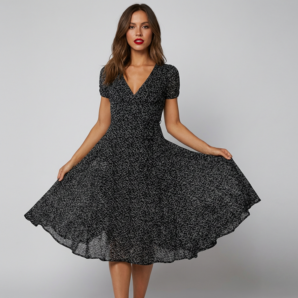 Damen Midi-A-Linien-Kleid mit V-Ausschnitt und Blumenmuster