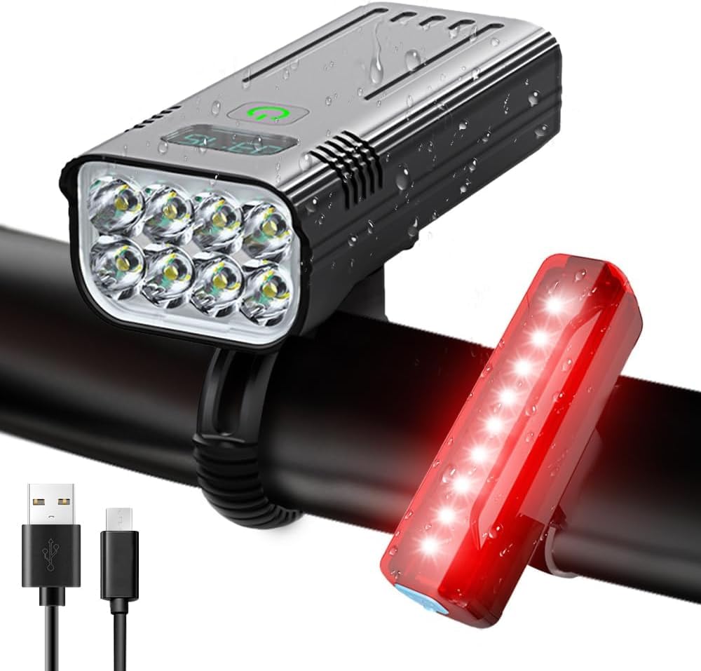 Velolampen-Set mit 8000 Lumen – Vorder- und Rücklicht über USB wiederaufladbar, Mattschwarz