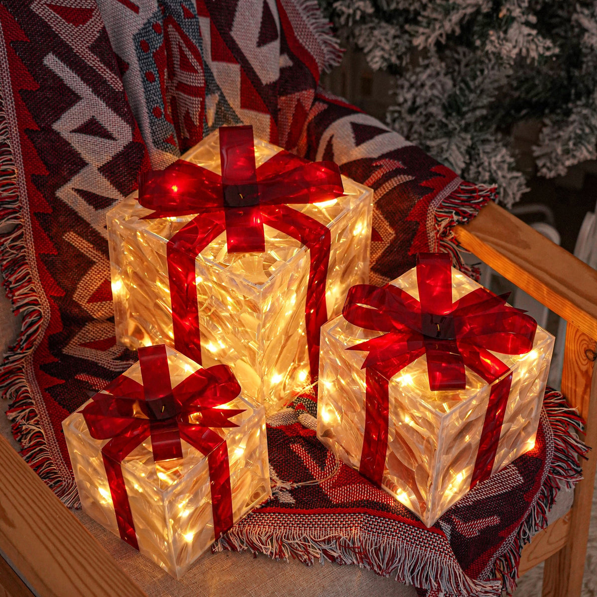 Leuchtende Weihnachts-Geschenkboxen, 3er-Set – Warmweisse LED-Weihnachtsdekoration für drinnen und draussen