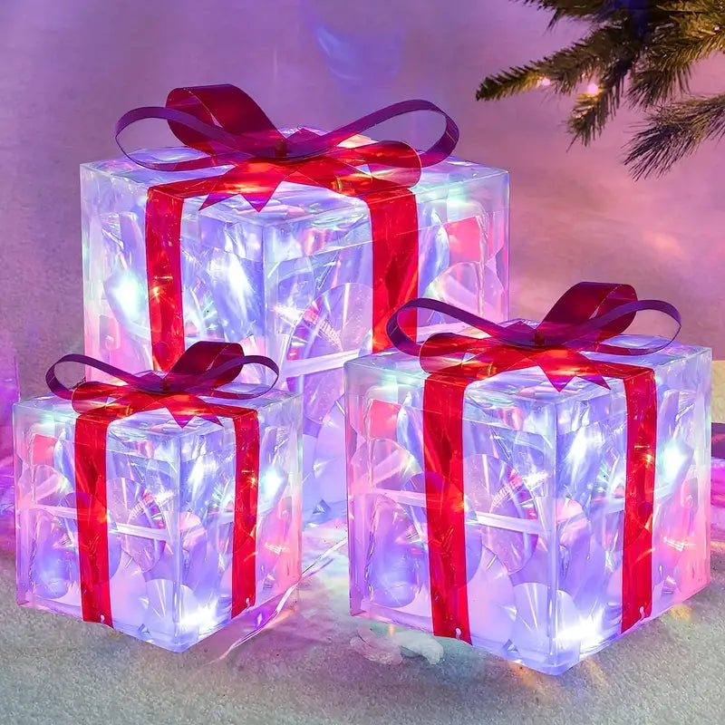 Leuchtende Weihnachts-Geschenkboxen, 3er-Set – Warmweisse LED-Weihnachtsdekoration für drinnen und draussen