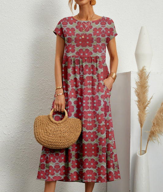 Geblümtes Damen-Midikleid in A-Linie mit Taschen