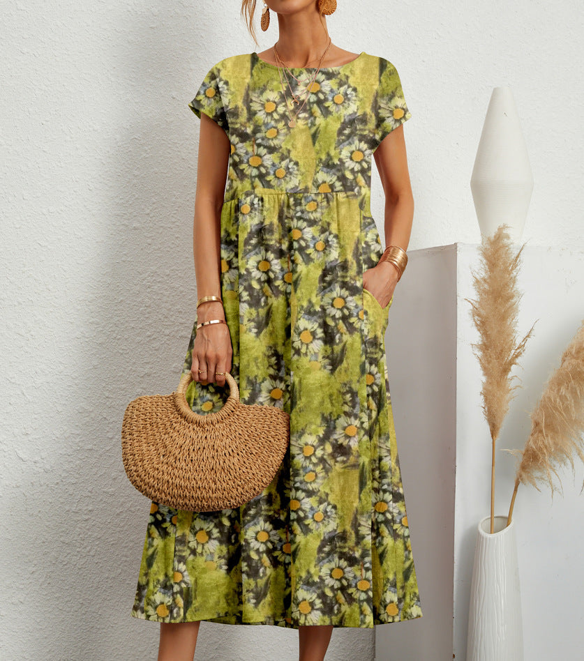 Geblümtes Damen-Midikleid in A-Linie mit Taschen