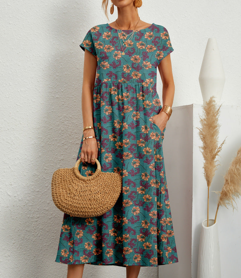 Geblümtes Damen-Midikleid in A-Linie mit Taschen