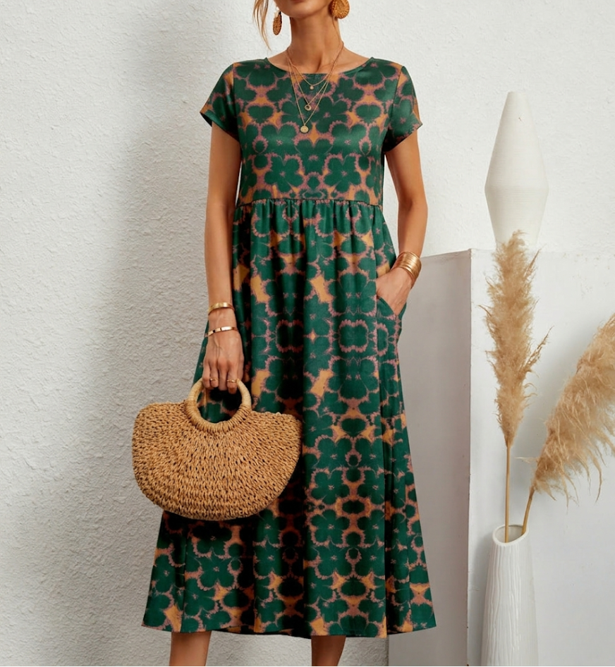 Geblümtes Damen-Midikleid in A-Linie mit Taschen