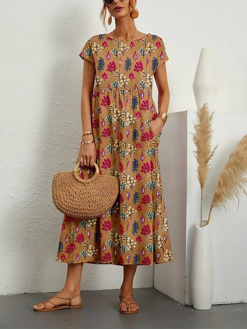 Geblümtes Damen-Midikleid in A-Linie mit Taschen
