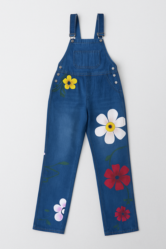 Jeans-Jumpsuit mit Blumenmuster - Ärmellos, mit hoher Taille