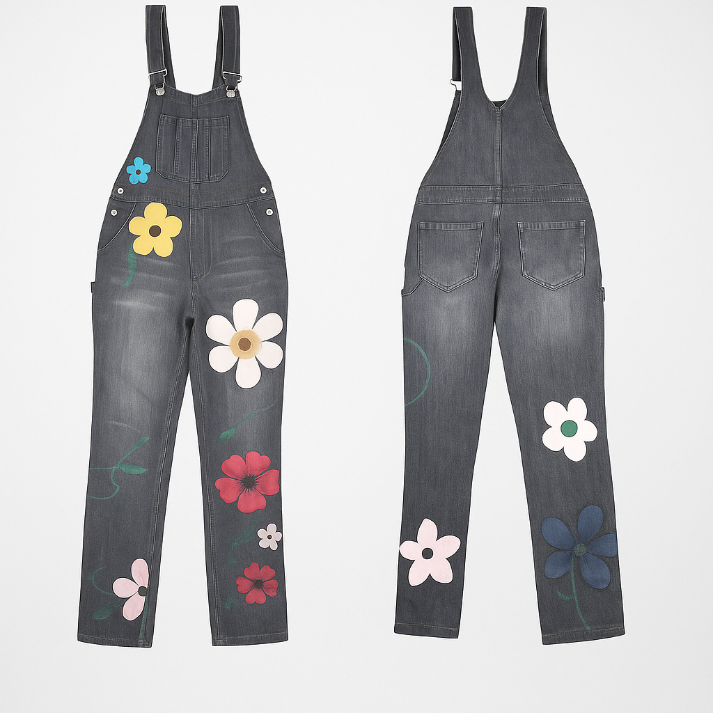 Jeans-Jumpsuit mit Blumenmuster - Ärmellos, mit hoher Taille