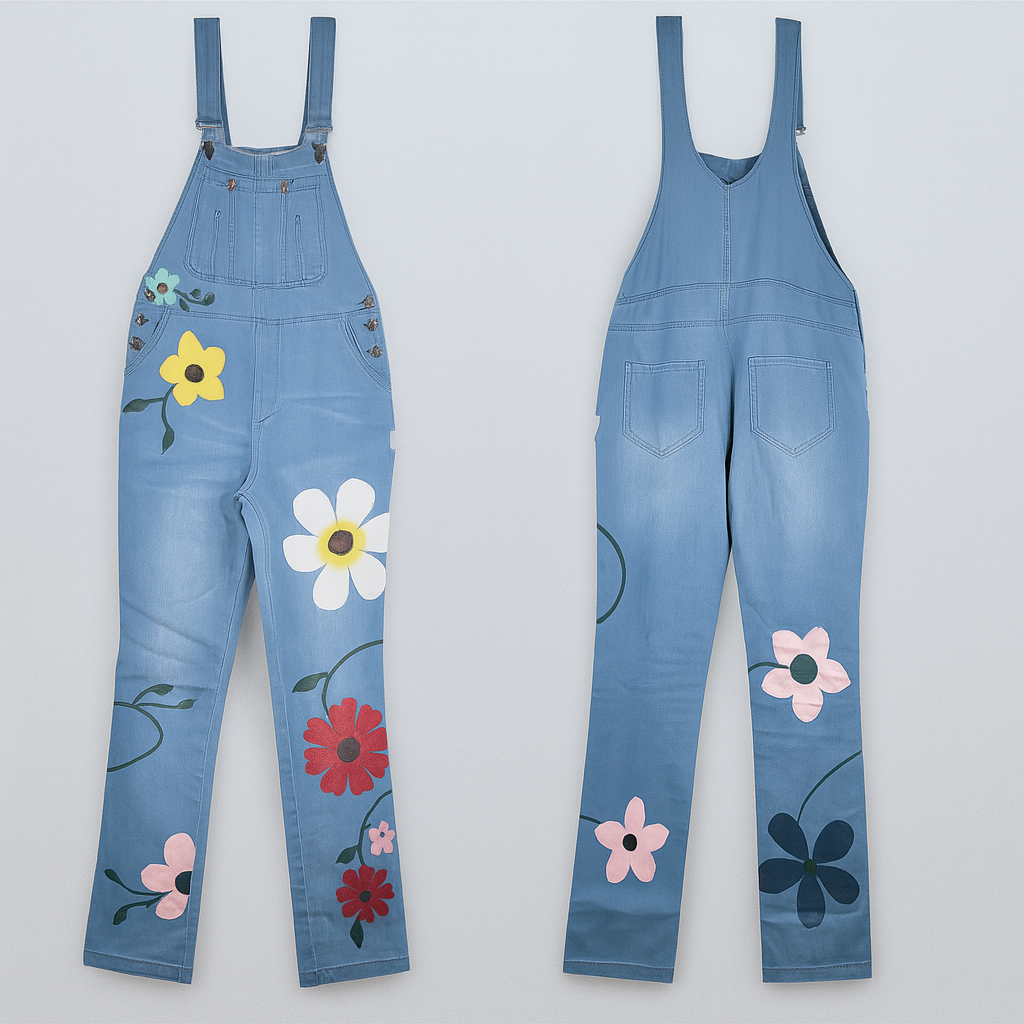 Jeans-Jumpsuit mit Blumenmuster - Ärmellos, mit hoher Taille