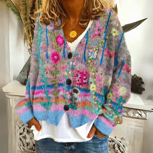 Damen-Cardigan mit Blumenmuster und Knöpfen
