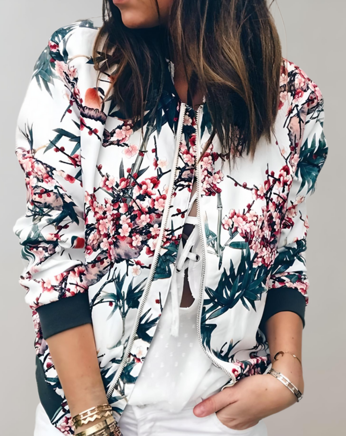 Damen-Bomberjacke mit Blumenmuster