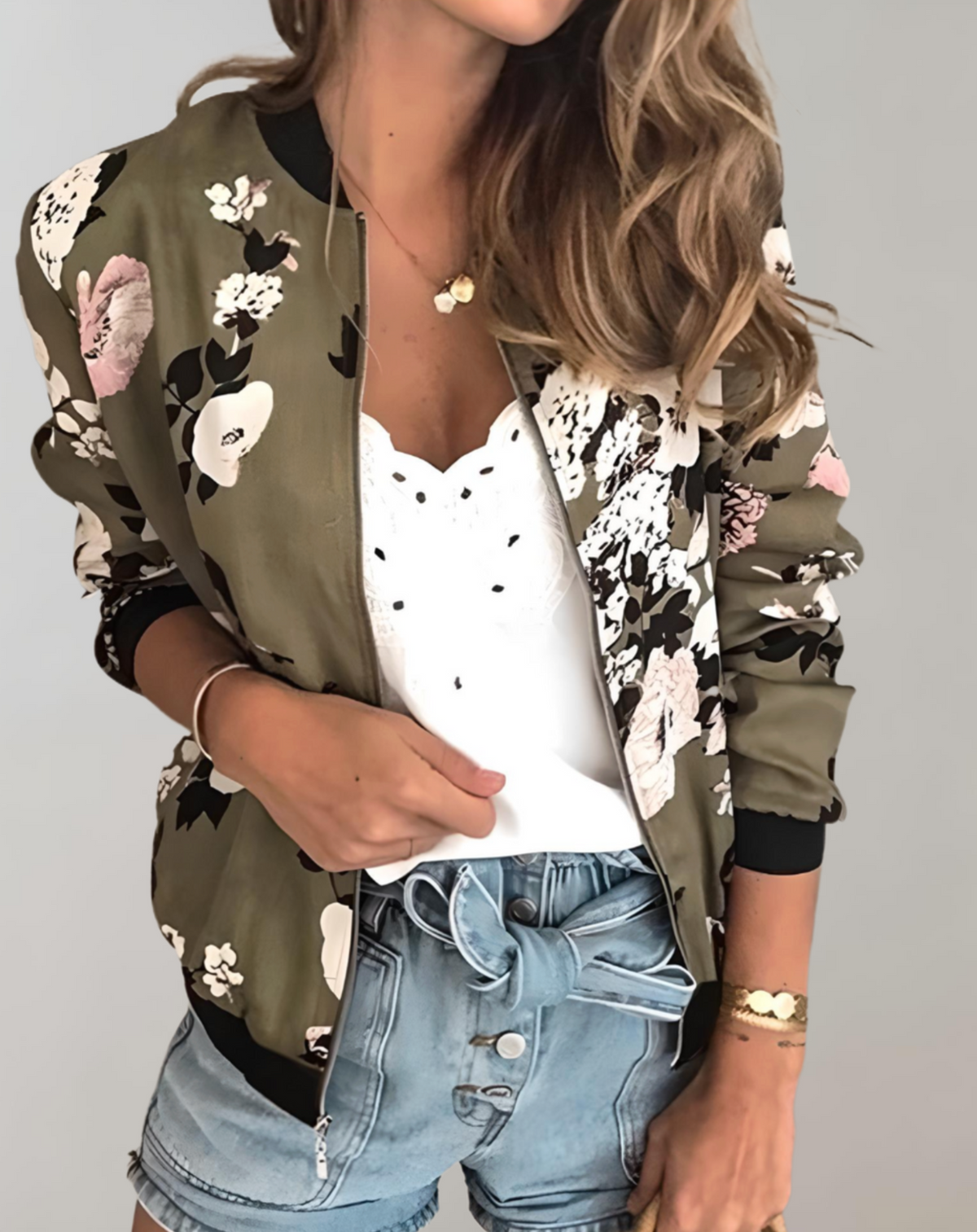 Damen-Bomberjacke mit Blumenmuster