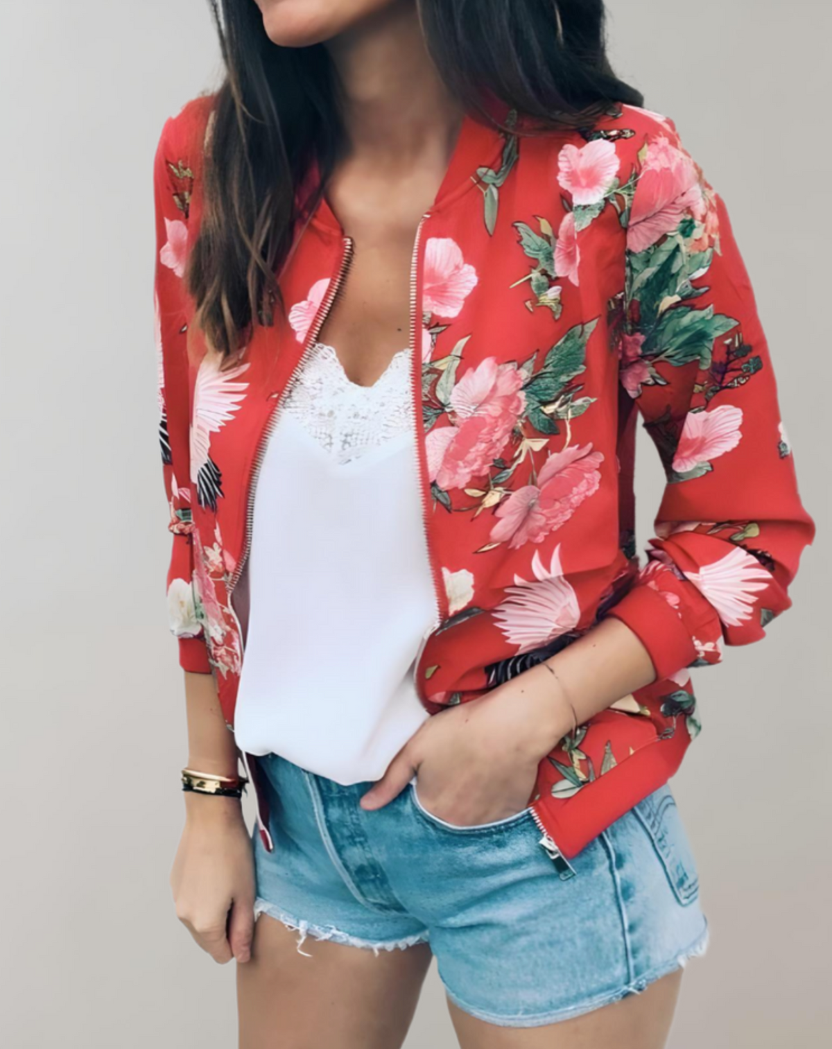 Damen-Bomberjacke mit Blumenmuster