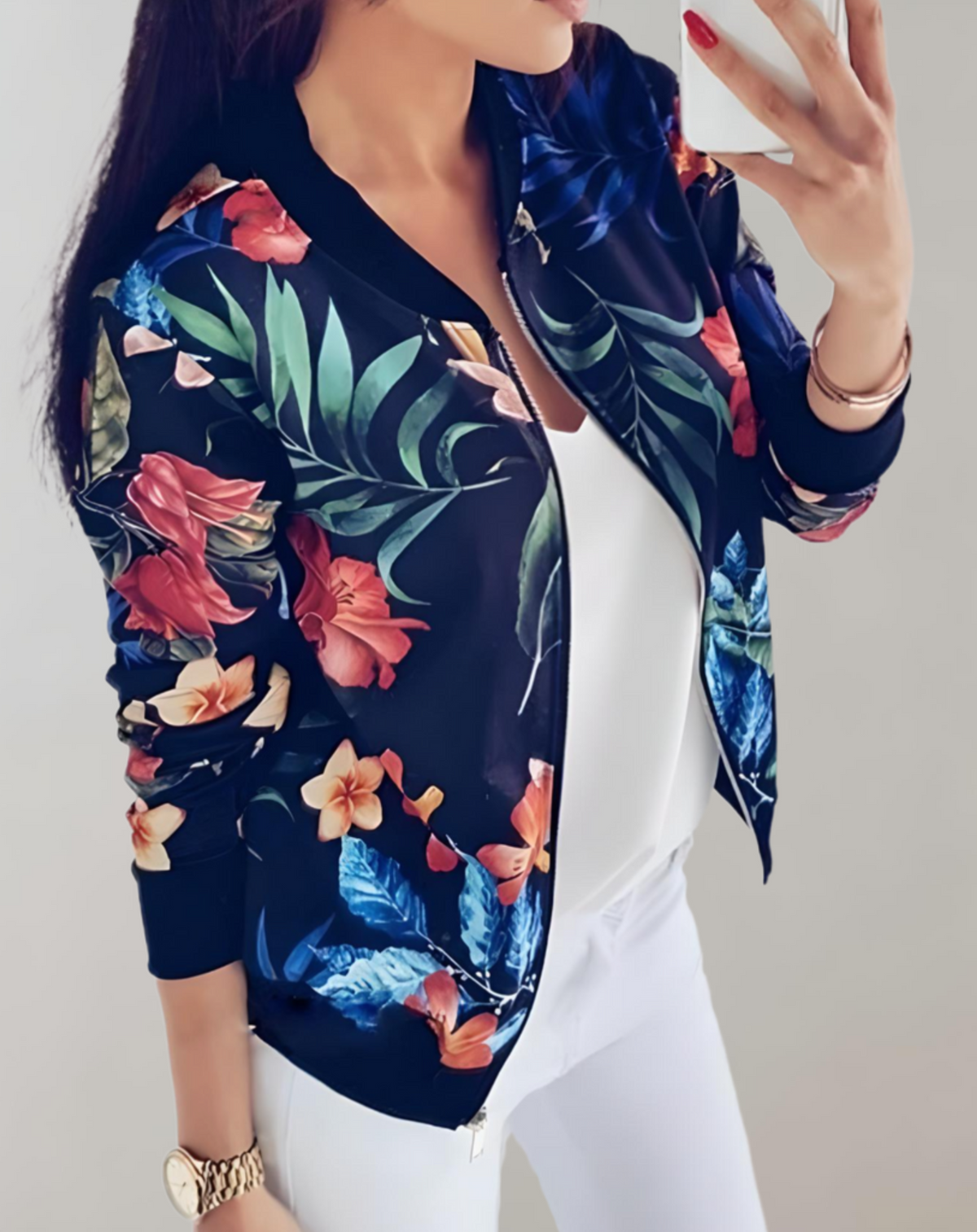 Damen-Bomberjacke mit Blumenmuster