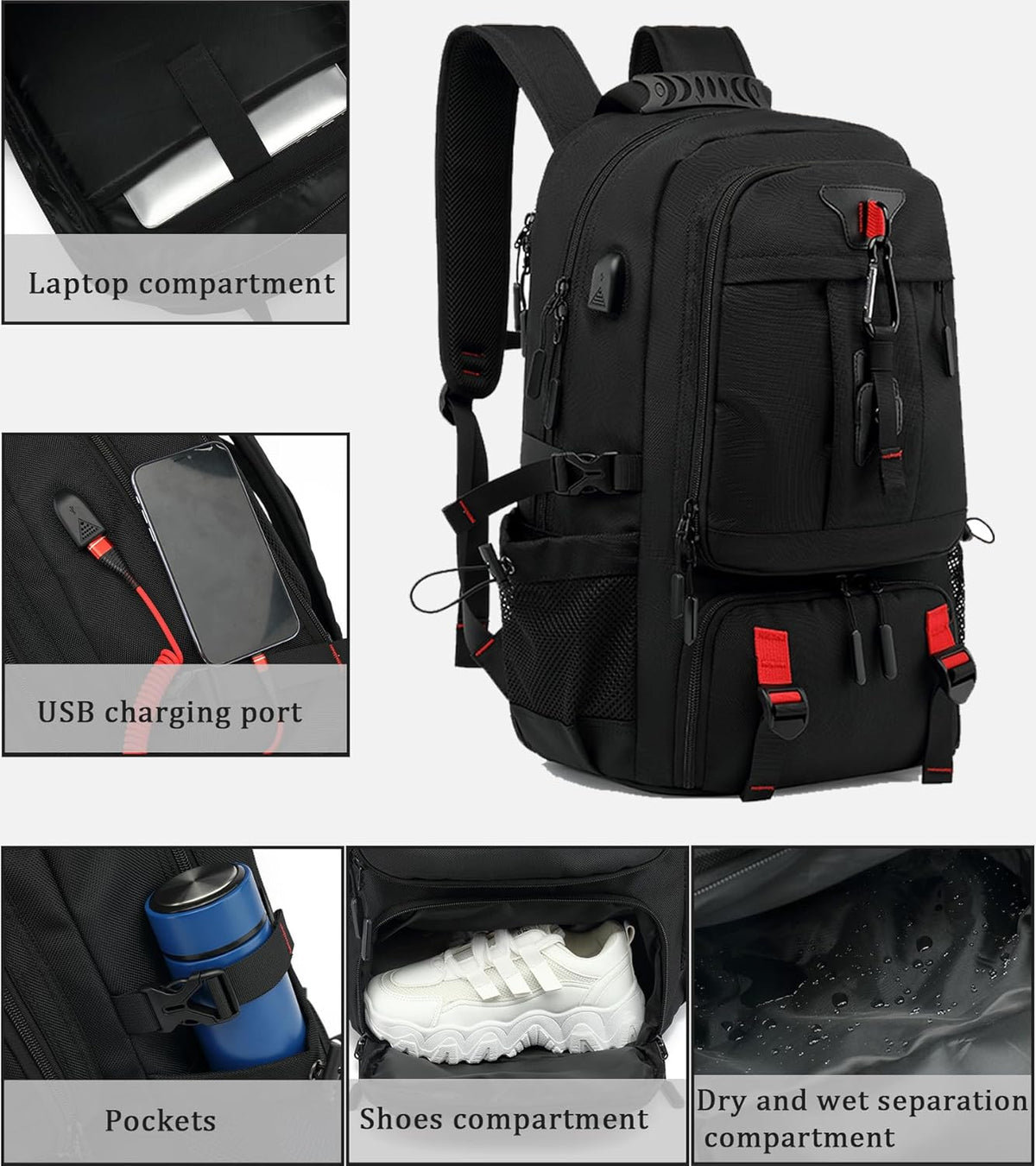 Wasserdichter 60-Liter-Reiserucksack mit USB-Anschluss und Schuhfach